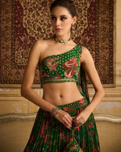 Dark Green Embroidered Blouse And Lehenga Set