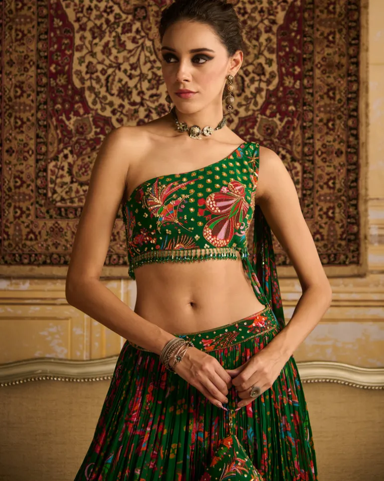 Dark Green Embroidered Blouse And Lehenga Set