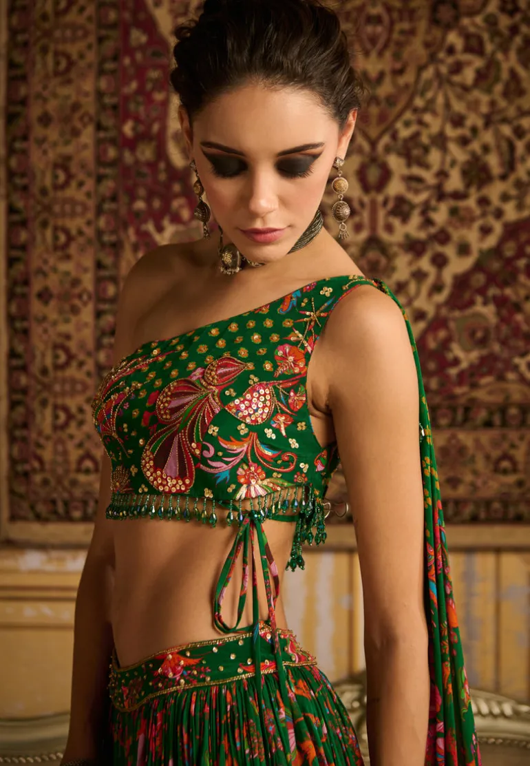 Dark Green Embroidered Blouse And Lehenga Set