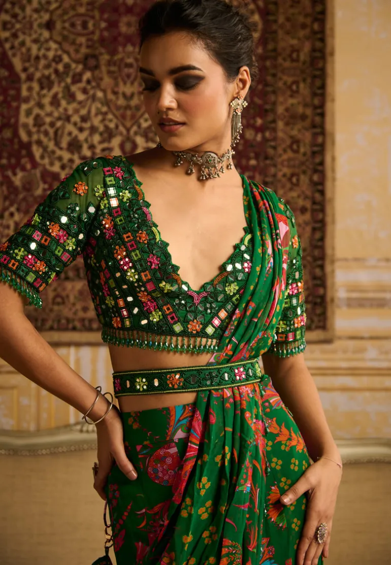 Dark Green Embroidered Blouse And Mermaid Sari Set
