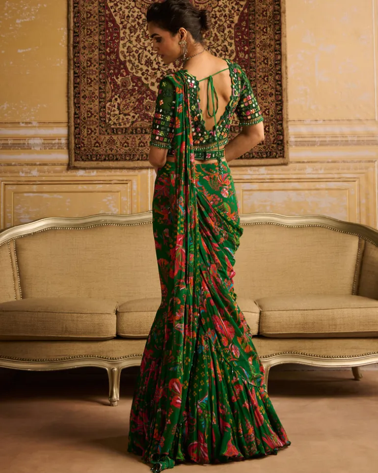 Dark Green Embroidered Blouse And Mermaid Sari Set