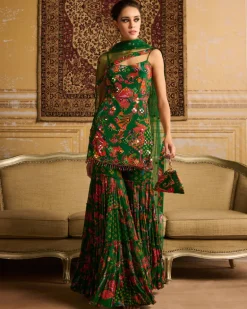Dark Green Embroidered Kurti And Gharara Set