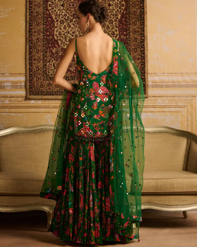 Dark Green Embroidered Kurti And Gharara Set