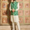 Dark Green Grid Print & Highlighted Bandi Set