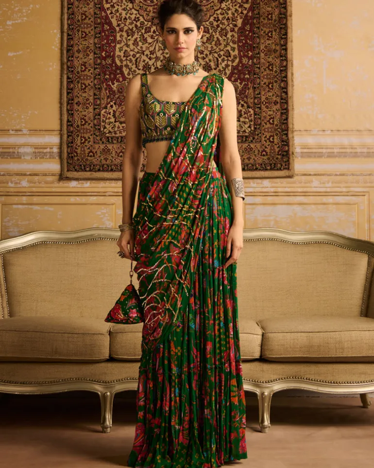 Dark Green Highlight Blouse And Tiered Skirt Sari Set