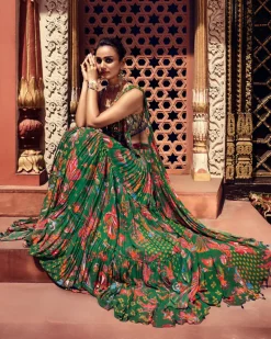 Dark Green Highlight Blouse And Tiered Skirt Sari Set