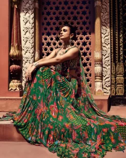 Dark Green Highlight Blouse And Tiered Skirt Sari Set