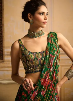Dark Green Highlight Blouse And Tiered Skirt Sari Set