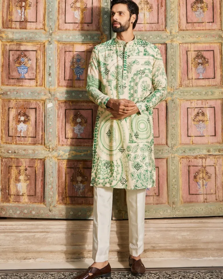 Dark Green Thikri Print and Highlighted Kurta Set