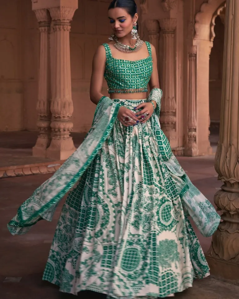 Dark Green Thikri Print & Highlighted Lehenga Set