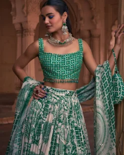 Dark Green Thikri Print & Highlighted Lehenga Set
