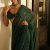 Dark Jade Green Crystal Linear Embroidered Sari