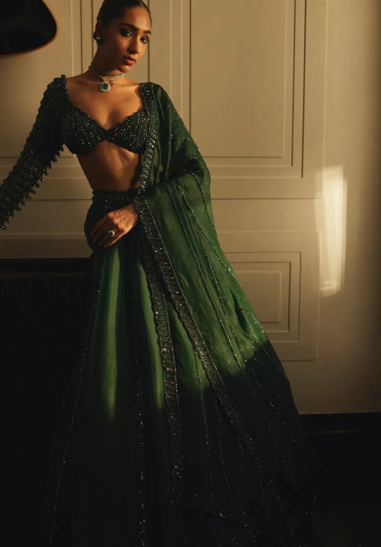 Dark Jade Green Organza Lehenga Set