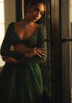 Dark Jade Green Organza Lehenga Set