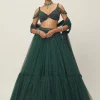 Dark Jade Green Sequins Scattered Tulle Lehenga Set