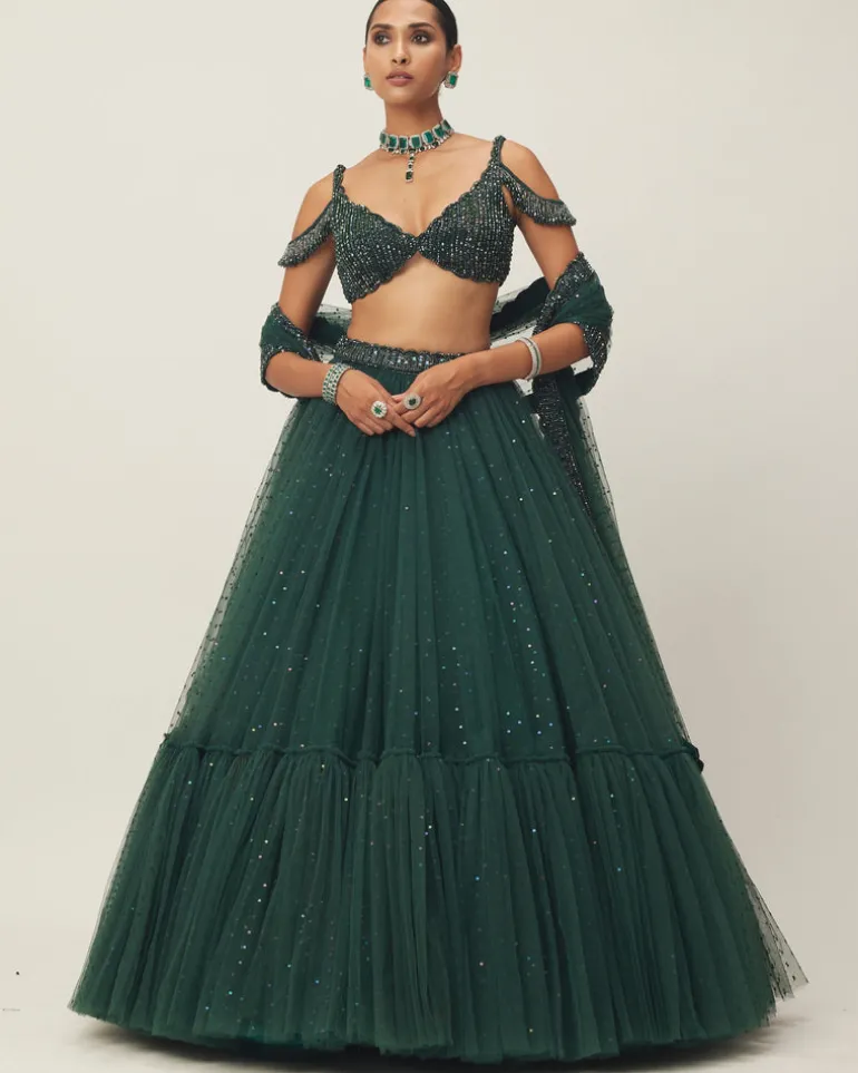 Dark Jade Green Sequins Scattered Tulle Lehenga Set