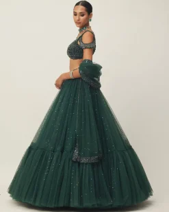Dark Jade Green Sequins Scattered Tulle Lehenga Set
