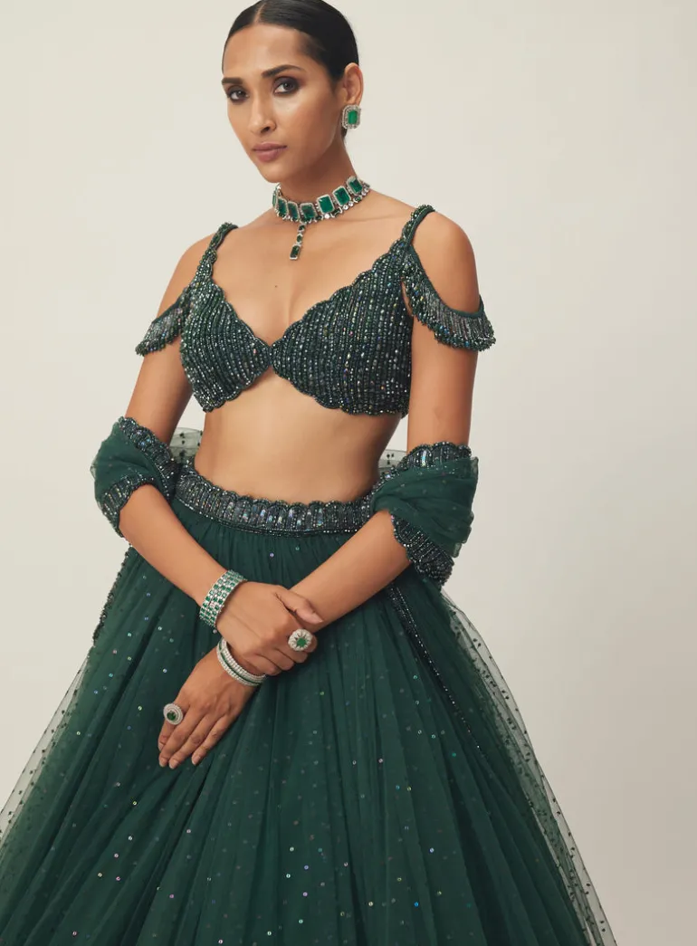 Dark Jade Green Sequins Scattered Tulle Lehenga Set