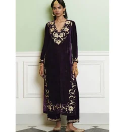 Deep Purple Embroidered Velvet Kurta Set