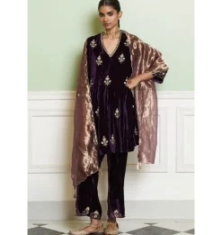 Deep Purple Embroidered Velvet Short Kalidar Kurta Set