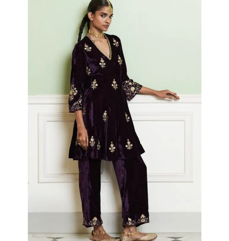 Deep Purple Embroidered Velvet Short Kalidar Kurta Set