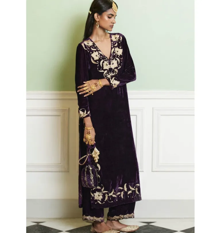 Deep Purple Embroidered Velvet Kurta Set