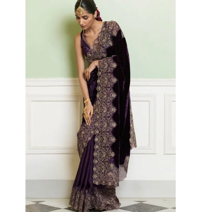 Deep Purple Embroidered Velvet Sari Set