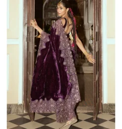 Deep Purple Embroidered Velvet Sari Set
