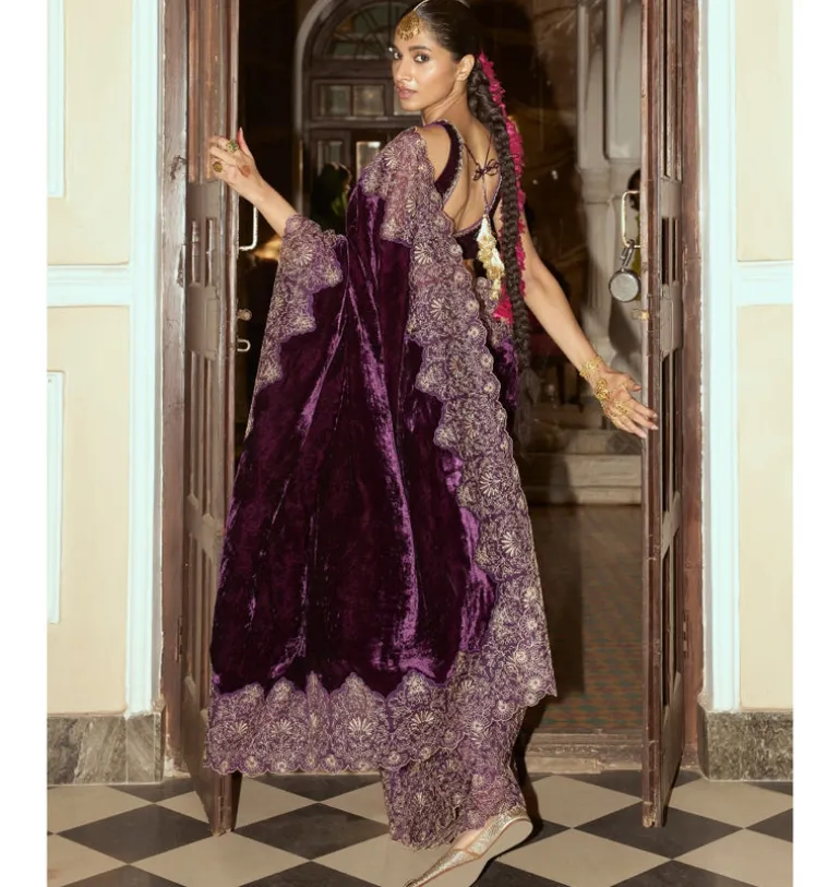 Deep Purple Embroidered Velvet Sari Set