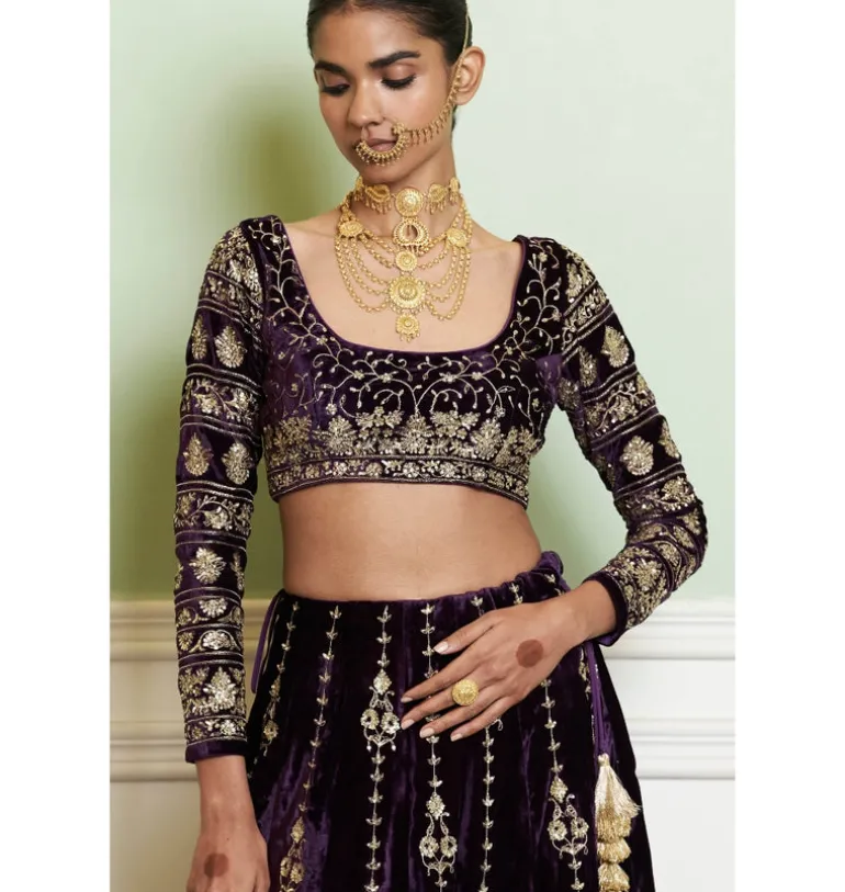 Deep Purple Embroidered Velvet Lehenga Set