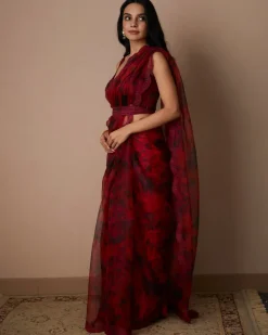 Deep Red Floral Sari Set