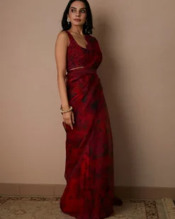 Deep Red Floral Sari Set