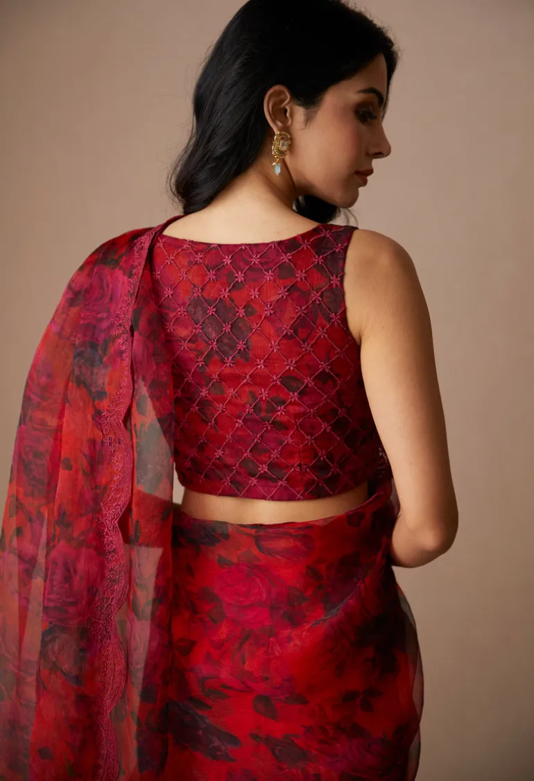 Deep Red Floral Sari Set