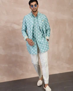 Dull Turquoise Kairos Front Open Degut Nehru Jacket Set