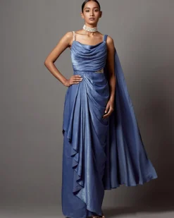 Dust Blue Dust Drape Gown Sari Set