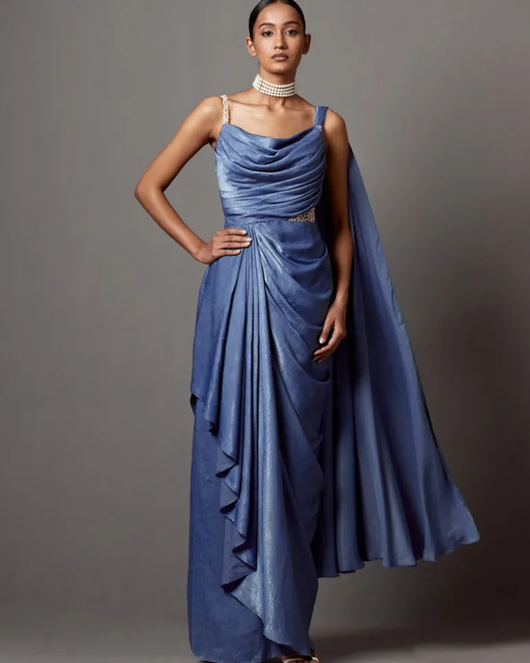 Dust Blue Dust Drape Gown Sari Set