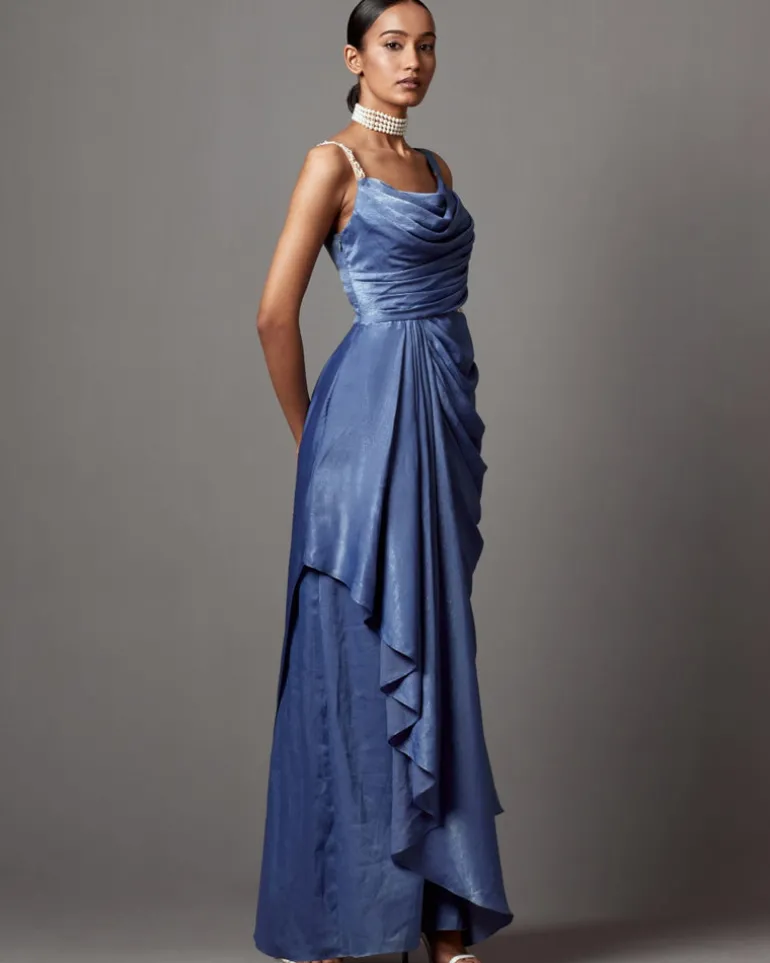 Dust Blue Dust Drape Gown Sari Set