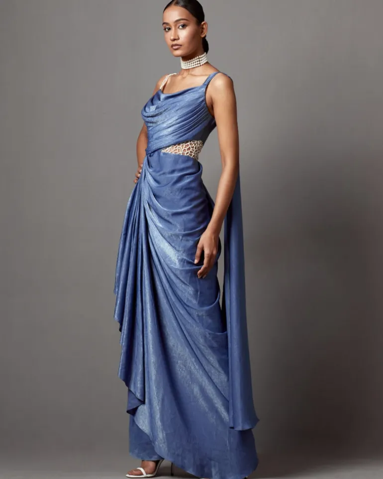 Dust Blue Dust Drape Gown Sari Set