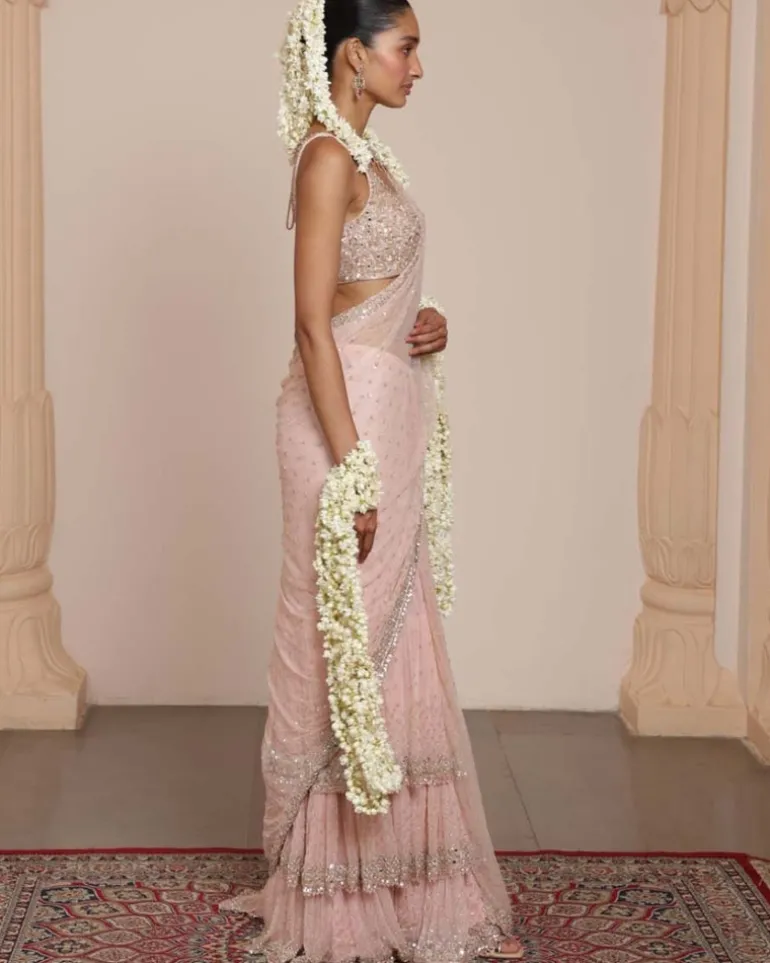 Dust Pink Mirror And Sequin Sari Set