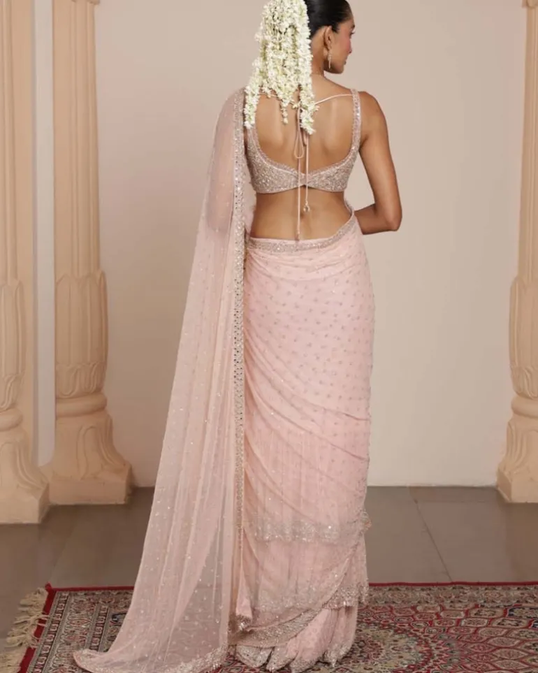 Dust Pink Mirror And Sequin Sari Set
