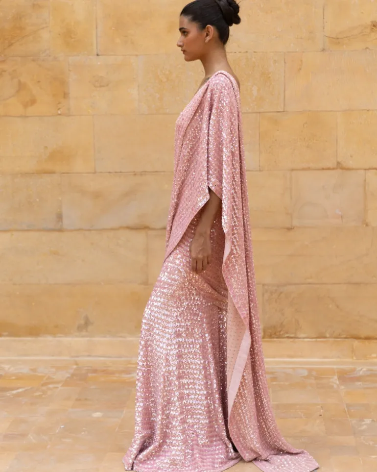 Dusty Pink Sequins Sari Set