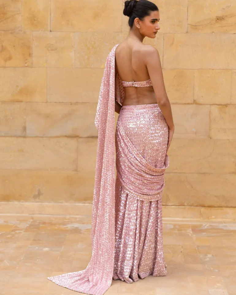 Dusty Pink Sequins Sari Set