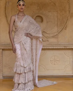 Dusty Pink with Rose Gold Embroidery Tiered Sari Set