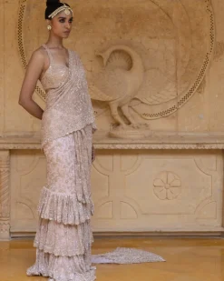 Dusty Pink with Rose Gold Embroidery Tiered Sari Set