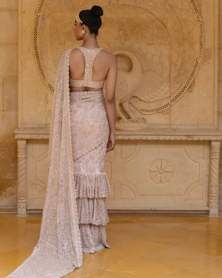 Dusty Pink with Rose Gold Embroidery Tiered Sari Set