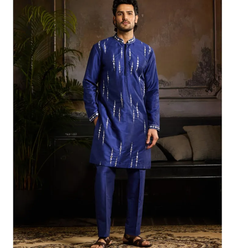 Electric Blue & Silver Cutdana And Acrylic All Over Work Kurta Paired With Electric Blue Pants