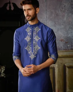 Electric Blue With Gunmetal Yoke And Hem Geometric Embroidered Kurta With Ivory Pants