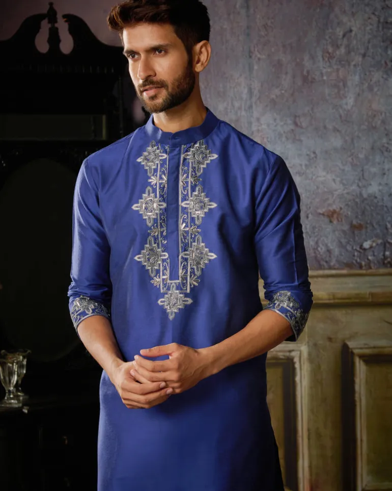 Electric Blue With Gunmetal Yoke And Hem Geometric Embroidered Kurta With Ivory Pants
