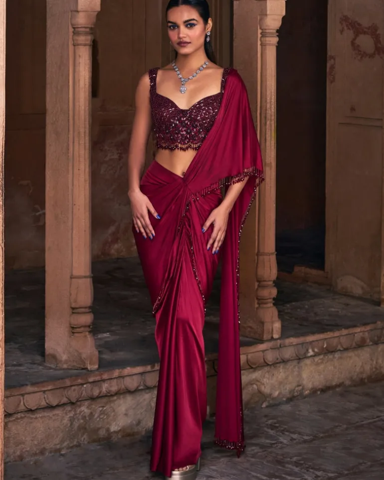 Eliza Maroon Embroidered Sari Set