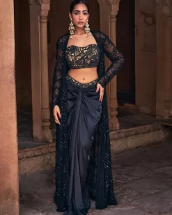 Elsa Black Embroidered Long Jacket Set